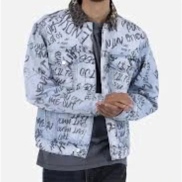 NWT MNML  Blue Scribble Trucker Graffiti Jacket Men's Jacket - Picture 3 of 12